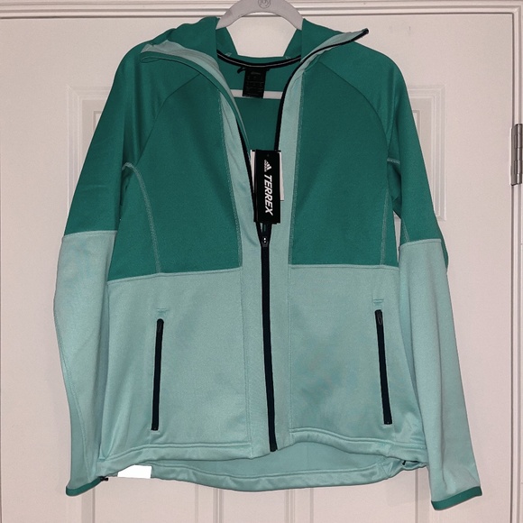 Adidas women's fleece jacked with full zip hoodie size large green new with tags - Picture 1 of 4